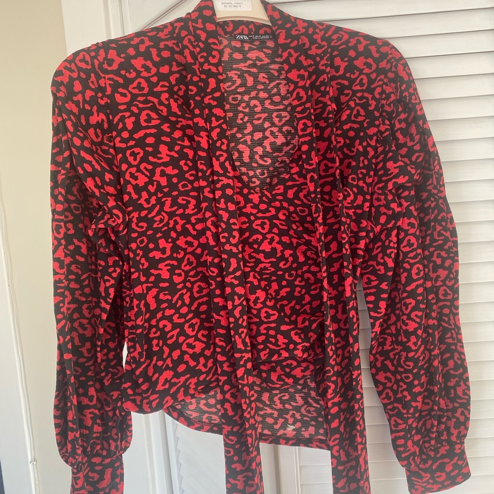 Zara Red Leopard Print Tie Blouse